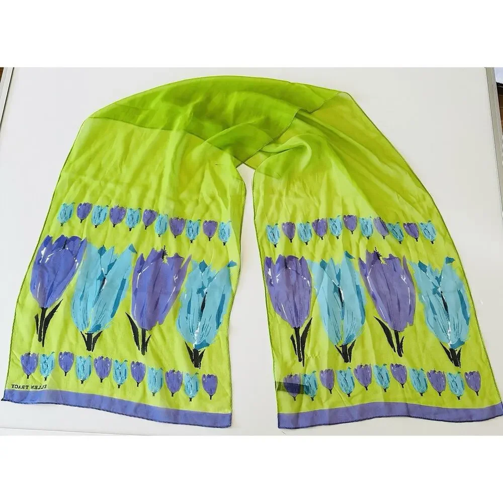Ellen Tracy 100% Silk Long Scarf Lime Green Purple Floral Lightweight Luxury